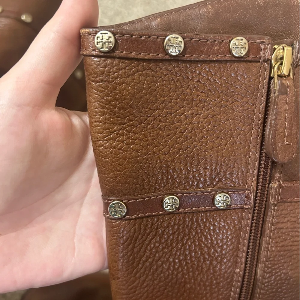 Tory Burch Mae Gold Studs Brown Pebble Leather Tall Riding Boots Women's Size 6